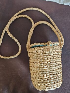 NATURAL LIFE Braided Straw Crossbody Bucket Purse with Teal Lining